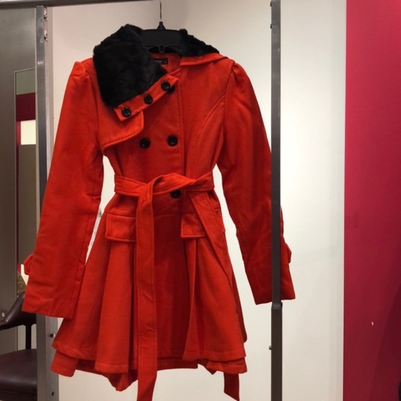 Red & Black Faux Fur Fit & Flare Button Jacket - Picture 4 of 7